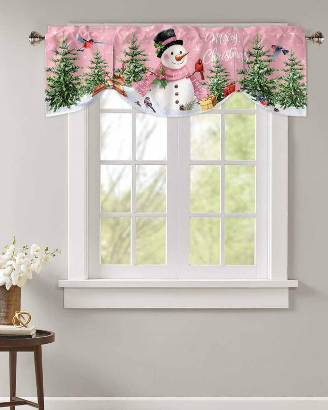 Christmas Pink Tie Up Window Valances for Kitchen Cute Snowman Rod Pocket Curtain Valances Christmas Tree Snowflake Short Topper for Small Windows Valance Curtains for Bedroom Living Room 42" x 18"