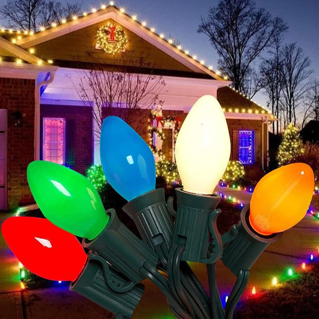 C7 LED String Lights-25Ft Ceramic Vintage Multicolor Lights with 27 Colorful LED Bulbs (2 Spare), Outdoor String Lights for Christmas Party Backyard Wedding- Green Wire