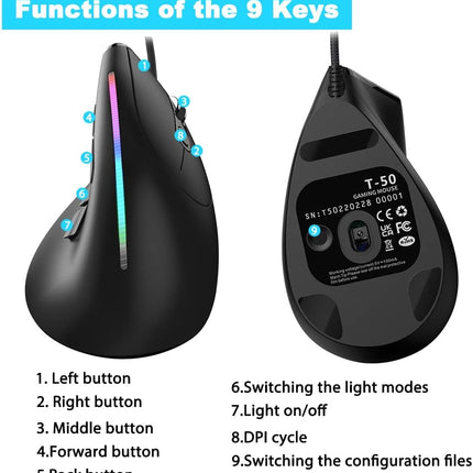 AFUNTA 12800 DPI RGB Gaming Mouse, Ergonomic Mouse Optical Wired Vertical Mouse with 9 Programmable Buttons, for Gamer PC Laptop(T50)