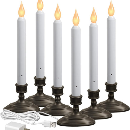 FPC1370A-6 LED Plug-in Window Candle with Hot Spot Technology Dusk to Dawn Sensor and Choose Warm or White Flame, Aged Bronze/Black, Pack of 6