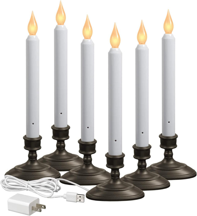 FPC1370A-6 LED Plug-in Window Candle with Hot Spot Technology Dusk to Dawn Sensor and Choose Warm or White Flame, Aged Bronze/Black, Pack of 6