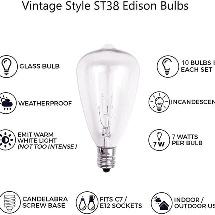 Edison Replacement Light Bulbs 10Pack 7W E12 Screw Base ST38 Replacement Clear Glass Light Bulbs for Indoor/Outdoor Patio ST38 String Lights Warm White Yard Christmas Lights Bulbs Christmas Decor