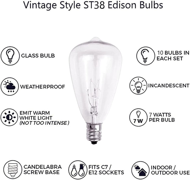Edison Replacement Light Bulbs 10Pack 7W E12 Screw Base ST38 Replacement Clear Glass Light Bulbs for Indoor/Outdoor Patio ST38 String Lights Warm White Yard Christmas Lights Bulbs Christmas Decor