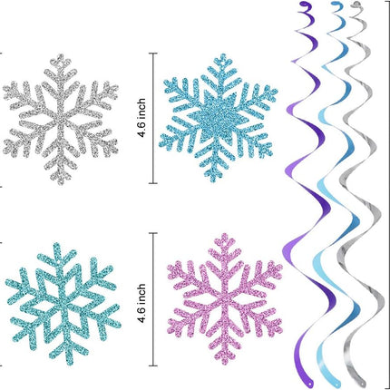 20Pcs Winter Snowflake Hanging Swirls Decorations, Winter Hanging Ceiling Streamers Purple Blue White Snowflakes Garland for Winter Wonderland Baby Shower Winter Birthday Party Decorations