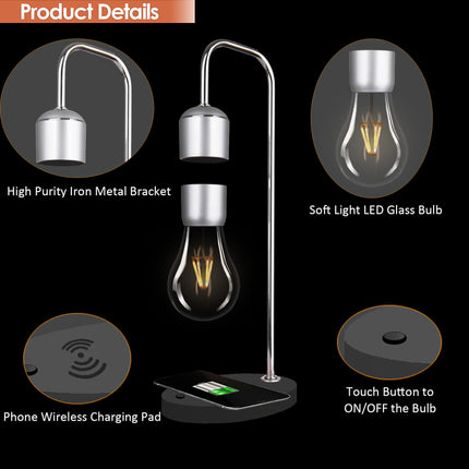 Magnetic Levitating Lamp with Wireless Phone Charger for iPhone Pro Max Floating Light Bulb LED Night Light Table Lamp Levitation Desk Lamp for Christmas Bedroom Office Decoration