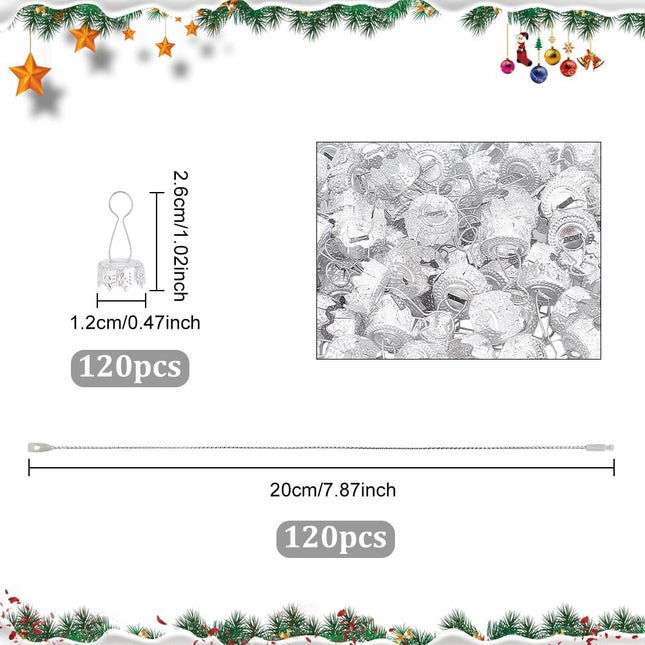 WEBEEDY 120pcs Ornament Topper Caps Round Christmas Ornament Caps Silver Ornament Hanger Replacement with Hanger Strings Set for Christmas Tree Decorations
