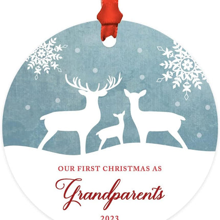 Andaz Press Family Metal Christmas Ornament, Our First Christmas As Grandparents , Rustic Deer Winter Snowflakes, 1-Pack, Includes Ribbon and Bag Grandparents Ornament