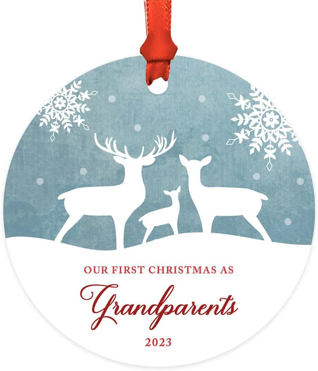 Andaz Press Family Metal Christmas Ornament, Our First Christmas As Grandparents , Rustic Deer Winter Snowflakes, 1-Pack, Includes Ribbon and Bag Grandparents Ornament