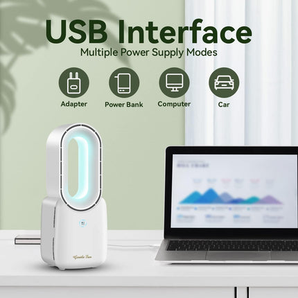 Desk Fan, Quiet Bladeless Fan With Usb Adapter And 5 Colors Led Light, 3 Speeds Stylish 11.8 Inch Table Fan, Small Fan With Touch