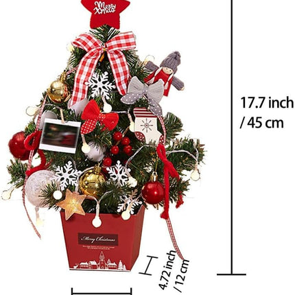 17.7 inches Mini Tabletop Christmas Artificial Pine Trees with Ornaments and Strip Light for Desktop Decoration (Red)