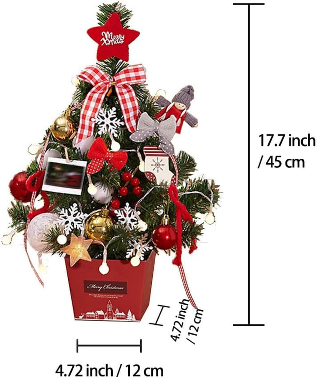 17.7 inches Mini Tabletop Christmas Artificial Pine Trees with Ornaments and Strip Light for Desktop Decoration (Red)