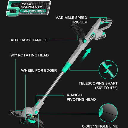 Litheli 20V 12" Cordless String Trimmer & Wheeled Edger, Battery Powered, Automatic Line Feed, 2.0Ah Battery and Charger for Lawn Trimming and Edging