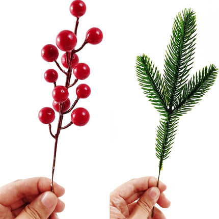32PCS Artificial Pine Branches Christmas Holly Berries Artificial Red Berry Stems for Christmas Wreath Decorations Xmas Tree Decoration