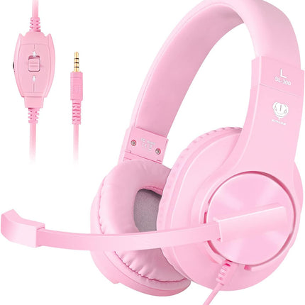 Gaming Headset for PS5,PS4,Xbox,PC, Kids Headphones with Mic for School Supplies,Pink Headphones Wired for Girls,Headset for Nintendo Switch,Pink Headset (Pink)
