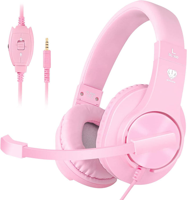 Gaming Headset for PS5,PS4,Xbox,PC, Kids Headphones with Mic for School Supplies,Pink Headphones Wired for Girls,Headset for Nintendo Switch,Pink Headset (Pink)
