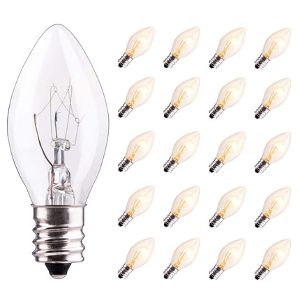 25 Pack C7 Clear Replacement Bulbs, C7 Outdoor Candle Light Bulbs, Night Candle Light for Indoor Outdoor Patio Bistro Party Decor Christmas String Light, E12 Candelabra Base, 5W