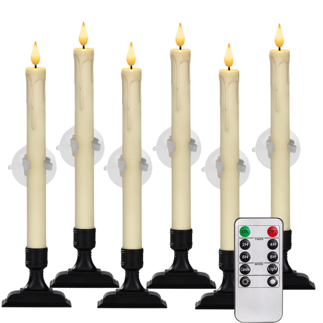 Homemory 6 Pcs Window Candles with Remote Timer Dimmer, Christmas Candles for Window Battery Operated, Ivory Flameless Taper Candles with Holders and Suctions, LED Candlesticks for Xmas Holiday Decor