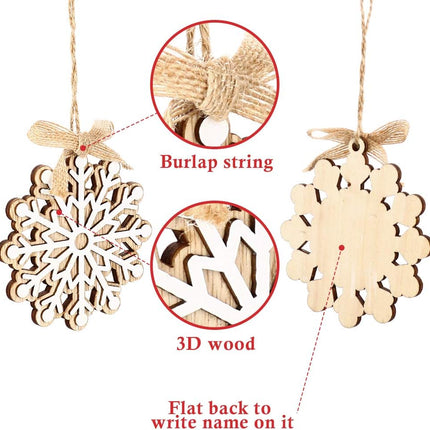 Partbus 12Pcs Snowflake Christmas Wood Cutouts, Unfinished Wooden Snowflakes Ornaments Embellishments for Xmas Decor, Christmas Tree Decorations with Drawstrings DIY Crafts