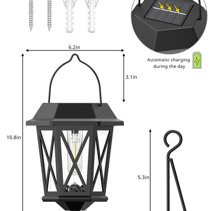 Solar Lantern Outdoor Hanging Solar Lights, Waterproof Metal Solar Lights Outdoor with Clear Glass, LED Solar Powered Lights Wall Mount for Yard Garden Wall Outdoor, Black - 2 Pack