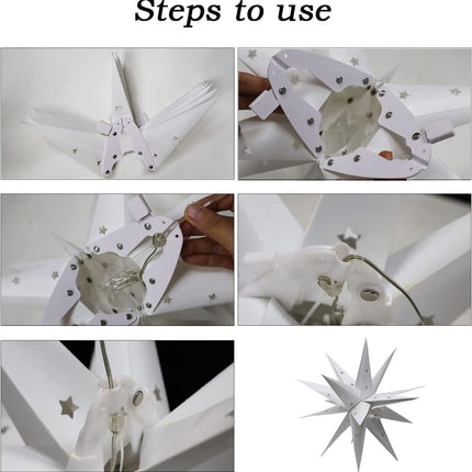 17.7" Moravian Star Light by Battery Operated, 18 Point White Christmas Star Indoor & Outdoor Hanging PVC Paper Lantern Lamp with 3D Bright White Lighted Holiday Decoration