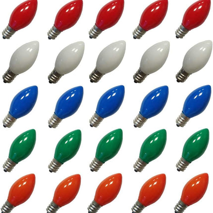 25 Pack Multicolor C7 Led Christmas Light Bulbs, C7 Replacement Bulbs for Christmas Outdoor String Lights, E12 Base LED Bulbs, 0.6W Ceramic Led Night Light Bulb, 2700K Warm White -Multicolor