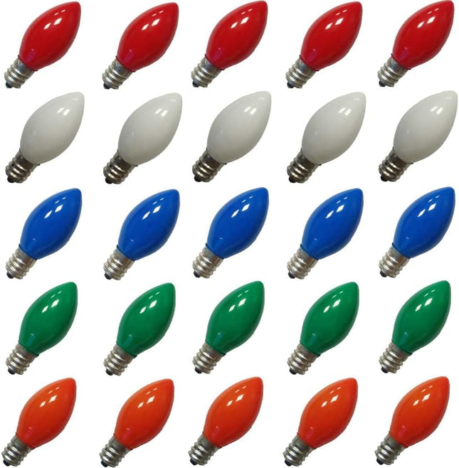 25 Pack Multicolor C7 Led Christmas Light Bulbs, C7 Replacement Bulbs for Christmas Outdoor String Lights, E12 Base LED Bulbs, 0.6W Ceramic Led Night Light Bulb, 2700K Warm White -Multicolor