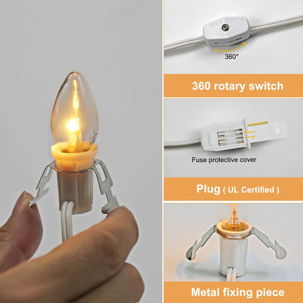 4 Pack Accessory Cord with LED Night Light Bulbs - White Cord with On/Off Switch Plugs - C7 led Bulb Warm White with Spare Fuse, for Holiday Decoration and Craft Village House Decoration
