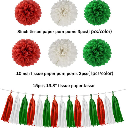 Red White Green Christmas Decorations - 23pcs Tissue Paper Flowers Pom Poms Tassel Garland Banner 3D Christmas Tree Paper Streamers Christmas Party Decorations For Home Indoor Outdoor Hanging Decor