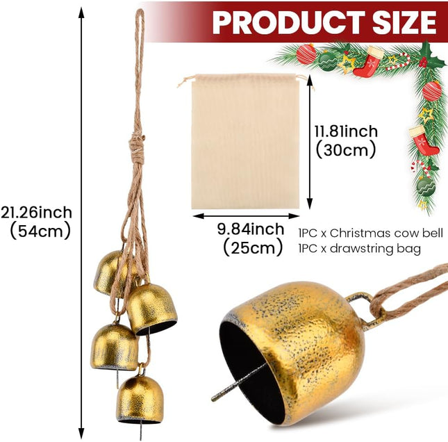 Christmas Bells Cow Bell, Gold Bell Chime Christmas Decor, Garden Bells Ornament, Rustic Iron Bells Vintage Christmas Bells, Metal Bells with Rope, Christmas Bells for Decoration (54cm)
