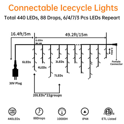 Blingstar Icicle Lights Christmas Lights Outdoor 49.2 Ft 440 LED Extendable Dripping Lights 8 Modes Warm White Icecycle String Lights Cascade for Indoor Outside Xmas Holiday House Decor, Clear Wire
