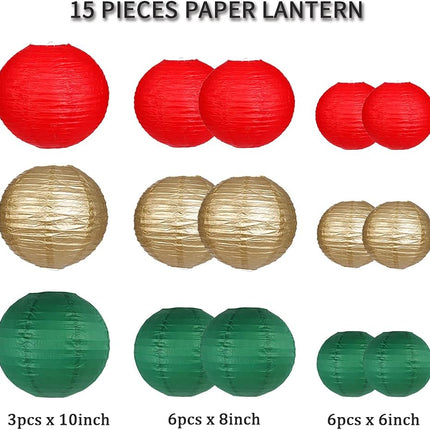 Paper Lanterns Decorative, Round Hanging Paper Lanterns Decorations for Christmas Graduation Anniversary Birthday Party Supplies Green/Red/Gold 15pcs