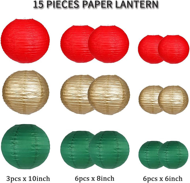 Paper Lanterns Decorative, Round Hanging Paper Lanterns Decorations for Christmas Graduation Anniversary Birthday Party Supplies Green/Red/Gold 15pcs