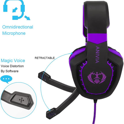 Anivia Computer Over Ear Headphones Wired with Mic Stereo Gaming Headset Noise Isolating Headsets with Volume Control, Bass Surround, Soft Memory Earmuffs for Multi-Platform -AH28plus Black Purple