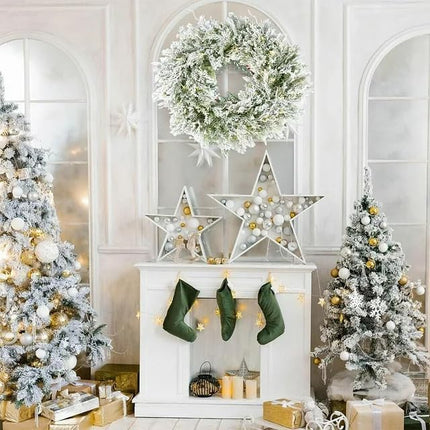 ASTRAEA Pre-Lit Snow Flocked Christmas Wreaths with Lights - 24 Inch Mixed Spruce Christmas Wreath w/ 50 Warm White LED Lights, Battery-Operated Xmas Wreath for Front Door Window Fireplace Decoration