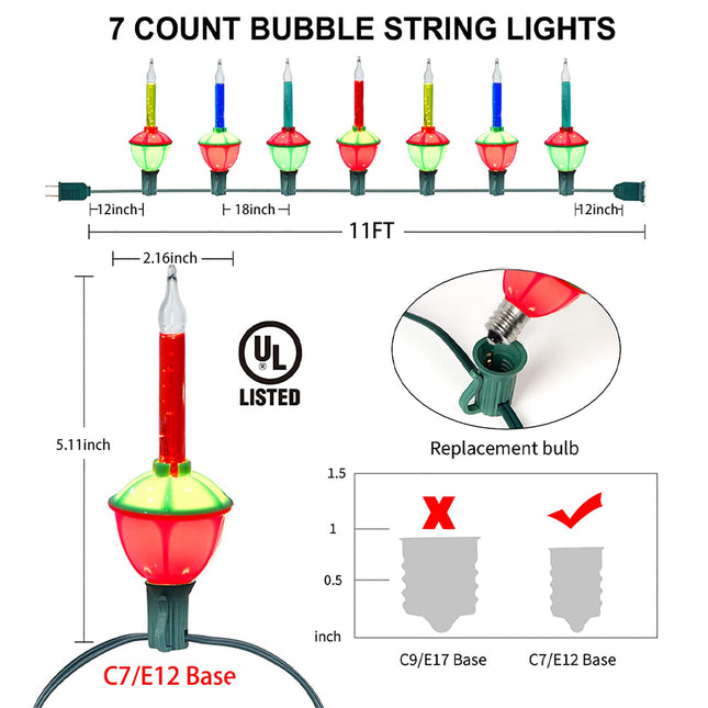 Christmas Bubble Lights, 2 Pack Christmas Traditional Multicolor Bubble Lights, 11ft Vintage Bubble Lights with 8 Multicolor Bubble Lights (1 Spare), UL Listed, C7/E12 Base, Green Wire