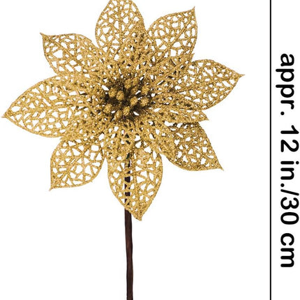 Supla 24 Pack Christmas Gold Glitter Poinsettia Flowers Picks Christmas Tree Ornaments 5.9" Wide for Gold Christmas Tree Wreaths Garland Holiday Seasonal Wedding Decorations White Box Included
