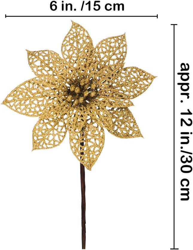 Supla 24 Pack Christmas Gold Glitter Poinsettia Flowers Picks Christmas Tree Ornaments 5.9" Wide for Gold Christmas Tree Wreaths Garland Holiday Seasonal Wedding Decorations White Box Included