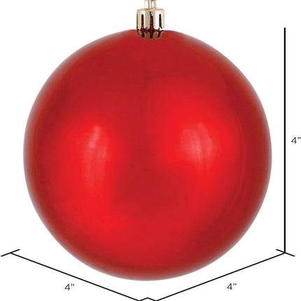 Vickerman 4" Red Shiny Ball Christmas Ornament, Shatterproof UV Resistant Plastic, Set of 6 for Christmas Tree Decor - Floral Wire for Reliable Hanging.