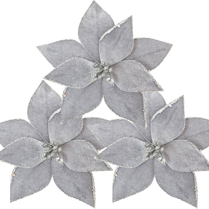 10pieces Christmas Flower for Tree 7'' Christmas Poinsettia Flowers Artificial Christmas Party Flowers Ornament for Xmas Tree Wreath Garland Wedding Holiday Party Decoration (Silvery)