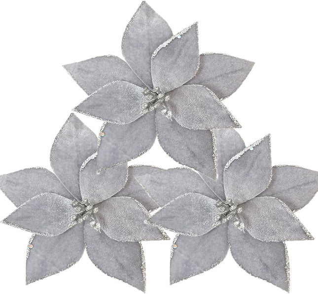 10pieces Christmas Flower for Tree 7'' Christmas Poinsettia Flowers Artificial Christmas Party Flowers Ornament for Xmas Tree Wreath Garland Wedding Holiday Party Decoration (Silvery)
