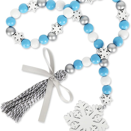 Whaline 2Pcs Winter Wood Bead Garland with Snowflake Tassel Xmas Tree Blue White Silver Snowflake Garland Tiered Tray Decor Rustic Farmhouse Wooden Bead Garland for Winter Home Fireplace Decor