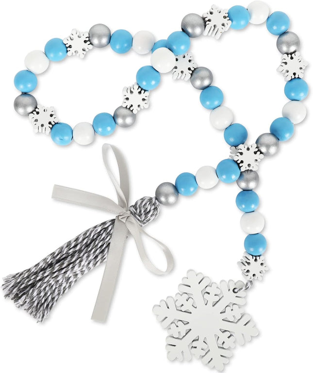 Whaline 2Pcs Winter Wood Bead Garland with Snowflake Tassel Xmas Tree Blue White Silver Snowflake Garland Tiered Tray Decor Rustic Farmhouse Wooden Bead Garland for Winter Home Fireplace Decor