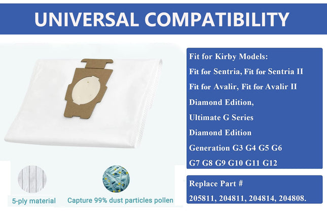 10Pack Compatible With Kirby Vacuum Bag Fit For Sentria Fit For Avalir Ultimate G All Generations & Models Part 205811 204811 204814 204808