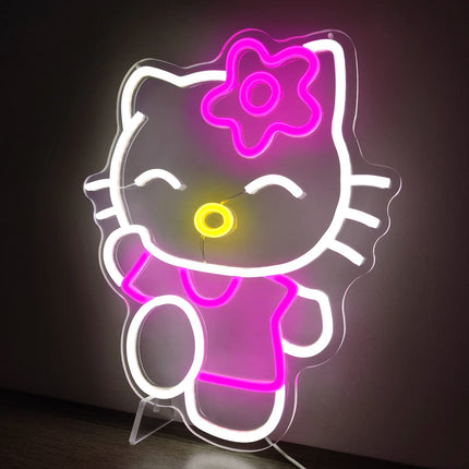 Hello Kit Neon Sign Dimmable Kitty Neon Sign Kawaii Cat Anime Neon Sign Kitty Room Decor Lights for Girl's Room Child Bedroom Birthday Halloween Christmas 14.7’’x12.5’’