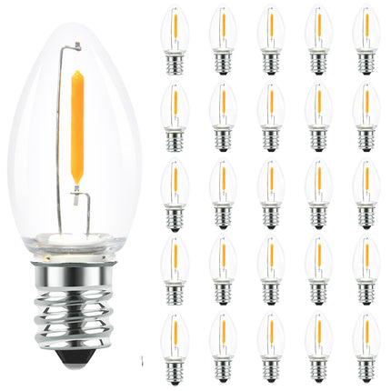 25 Pack C7 LED String Light Replacement Bulbs, 0.6W Warm White 2200K, E12 Candelabra Base, Waterproof Clear Night Light Bulbs for Christmas Lights Outdoor Indoor Party Garden Wedding Decorations