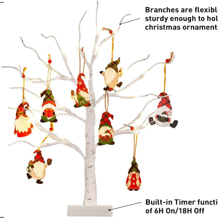 PEIDUO Christmas Decorations Indoor 2 FT 24 LT Lighted Birch Tree with 8 Christmas Gnome Ornaments Battery Powered with Timer for Home Table Party Festival Wedding Decor (2PK)