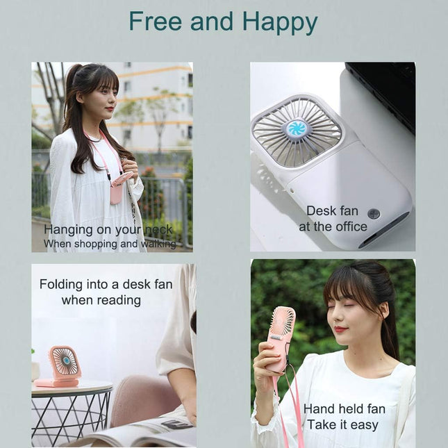 Mini Portable And Foldable Usb Rechargeable Fan With Power Bank, Handheld/Hanging Neck/Desk MultiPurpose Natural Wind Electric