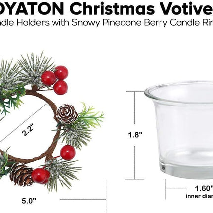 Christmas Votive Candle Holders with Pinecone Berry Candle Wreath Ring, Decorative Glass Tealight Candle Holder Set of 4 for Home, Wedding, Living Room and Bedroom Decor(Exclude Candles)