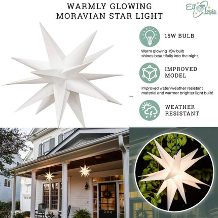 Elf Logic Large 12” Easy Assembly Warm White LED Moravian Star - Hanging Outdoor Christmas Light - Use as Holiday Decoration, Porch Light, 3D Fixture, Advent Star, Wedding & Ballroom Venue Decor