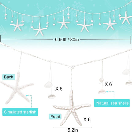 Starfish & Seashell Garland Beach Christmas Decorations 80" with 6PCS Handmade Crafts Starfish & Natural Sea Shells Ornaments, for Coastal Beach Christmas Decor, Home Interior Decor, Party Mermaid